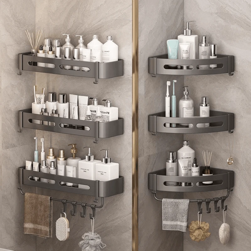 枪灰浴室卫生间置物架壁挂式免打孔壁挂淋浴房三角转角篮带杆收纳