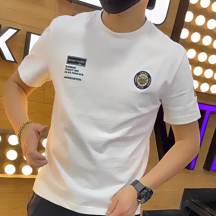 2024春夏季短袖T恤男帅气时尚潮牌休闲百搭修身印花上衣圆领