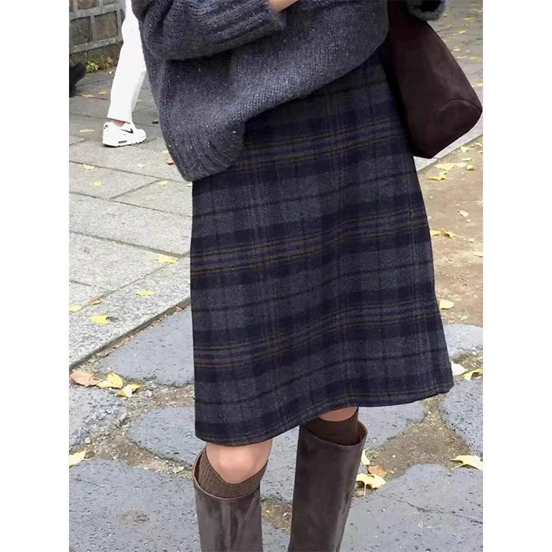 高个子及膝裙春季显瘦遮肚格纹毛呢半裙胖mm梨型身材a字时尚中裙