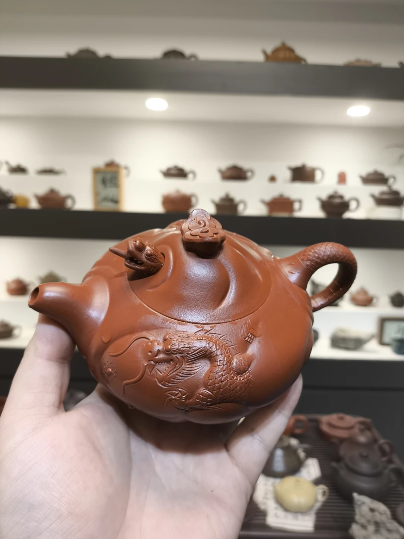 原矿朱泥鱼化龙紫砂壶半手工380cc