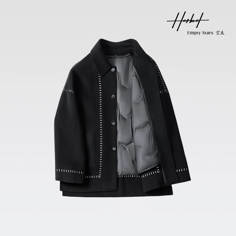HERBEL/黑白2024秋冬黑色100%绵羊毛大衣 可拆卸内胆少年感穿搭潮