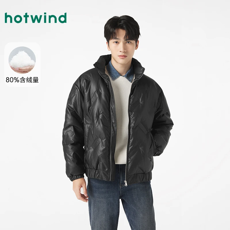热风2024年冬季新款男士压花黑色羽绒服鸭绒加厚保暖上衣F12M4404