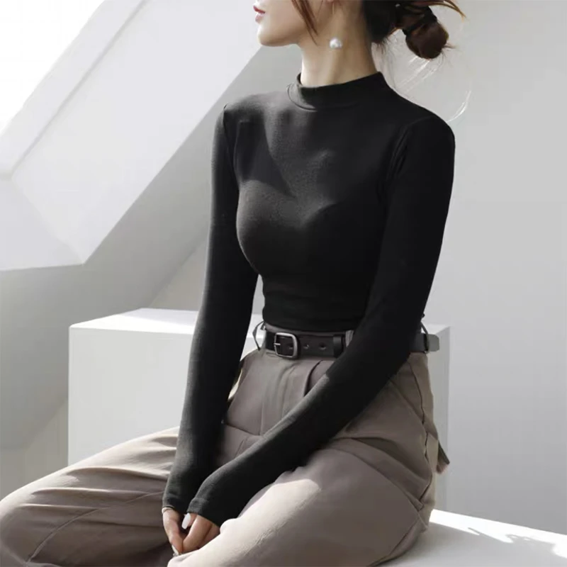 立领打底衫女秋冬修身半高领长袖T恤女内搭上衣