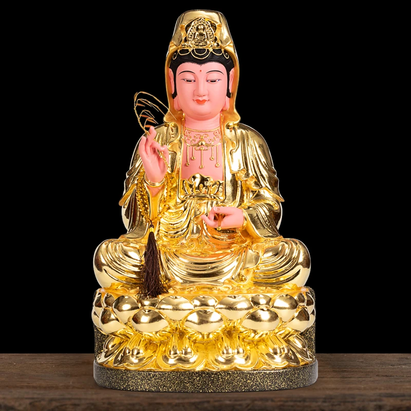新中式实木半莲贴金观音家用客厅香樟木雕观世音摆件