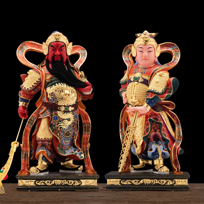 香樟木关公珈蓝韦陀客厅实木雕古彩手工彩绘家里关二爷摆件