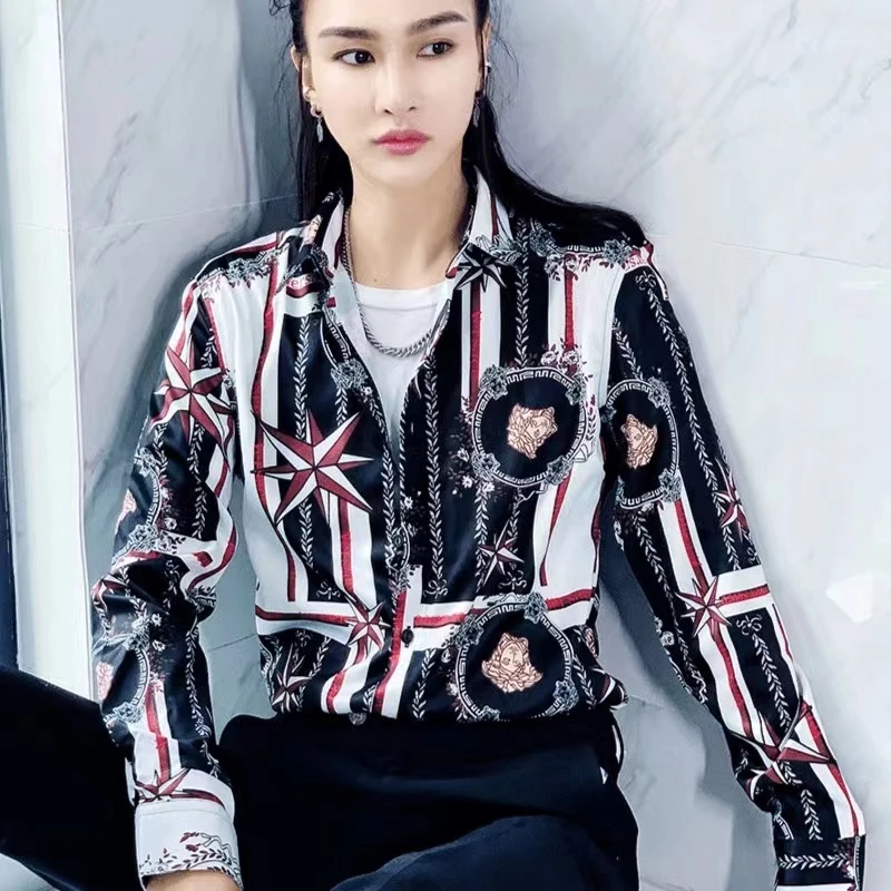 【正正TUTU】新款港风八角星休闲百搭网红夏季长袖衬衣男女同款-SC