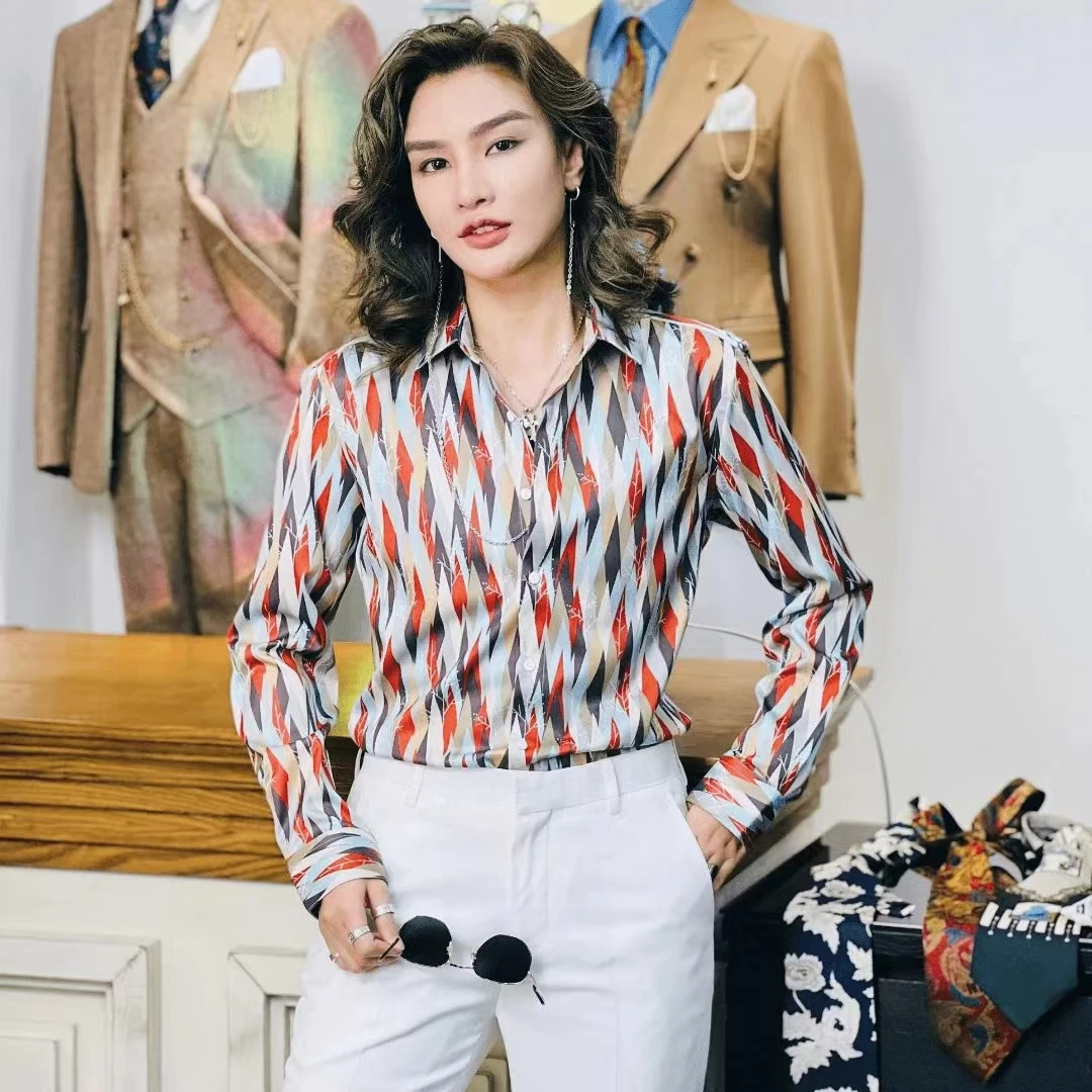 【正正TUTU】新款印花潮流菱形格休闲百搭衬衫长袖衬衣男女同款-SC