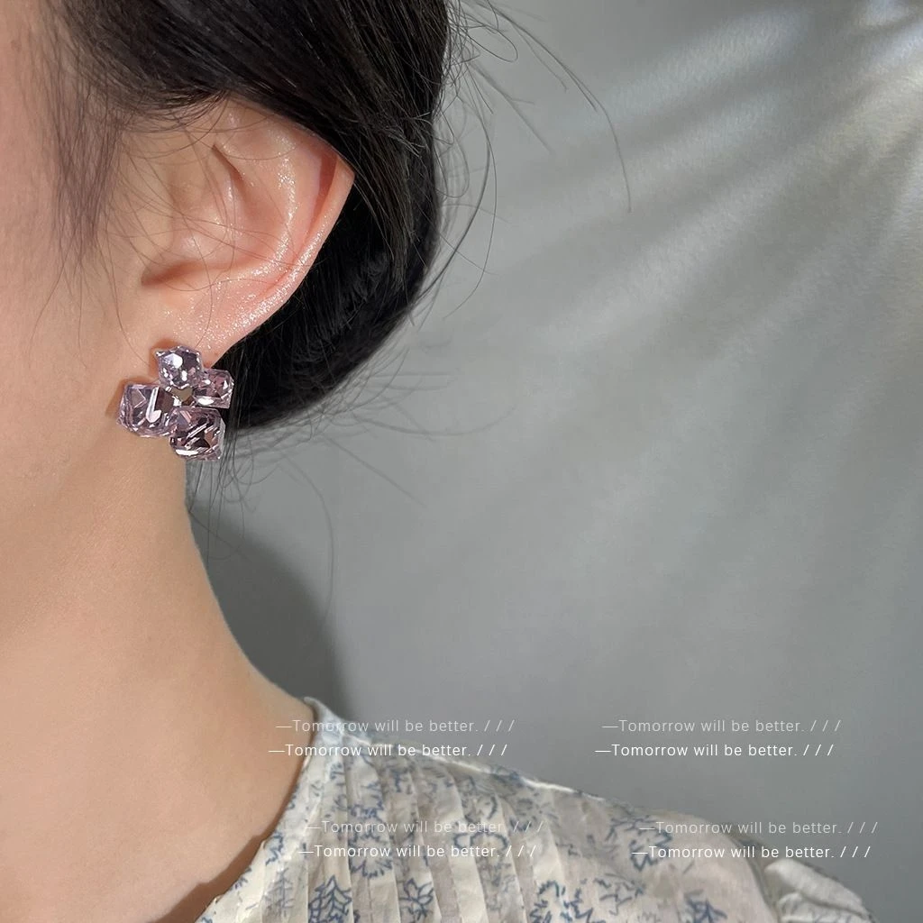 925银玻璃耳饰 紫色最有韵味几何玻璃水晶立体方糖耳环