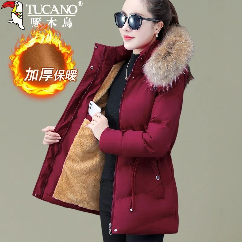 啄木鳥加绒中长款羽绒服女2023冬季新款加厚棉衣外套冬装棉袄女
