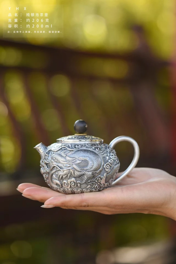 足银999立体浮雕双龙戏珠泡茶壶