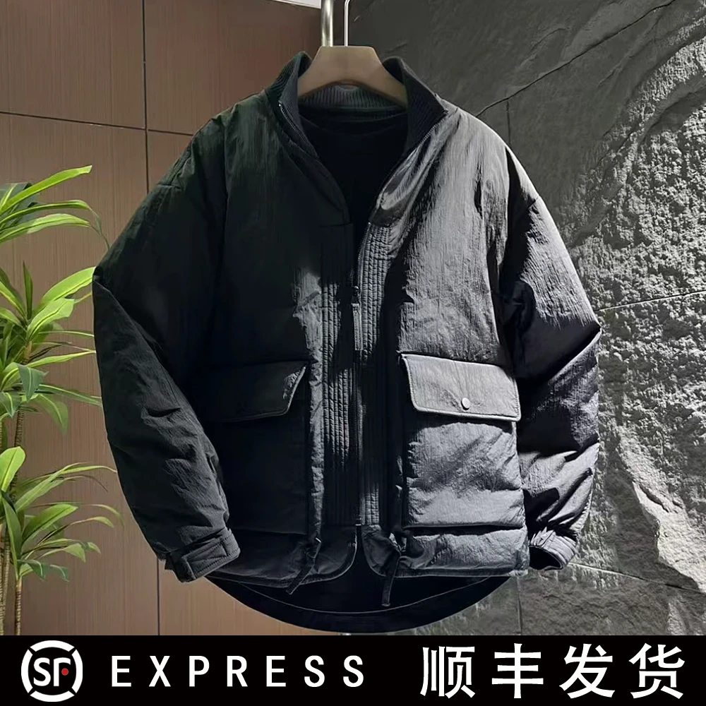 冬季新款帅气时尚百搭拼接保暖简约宽松大气立领棉服