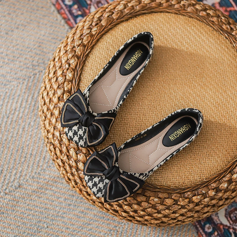 肥仔推荐 888-8  春季新款千鸟格小香风蝴蝶结时尚百搭方头单鞋女