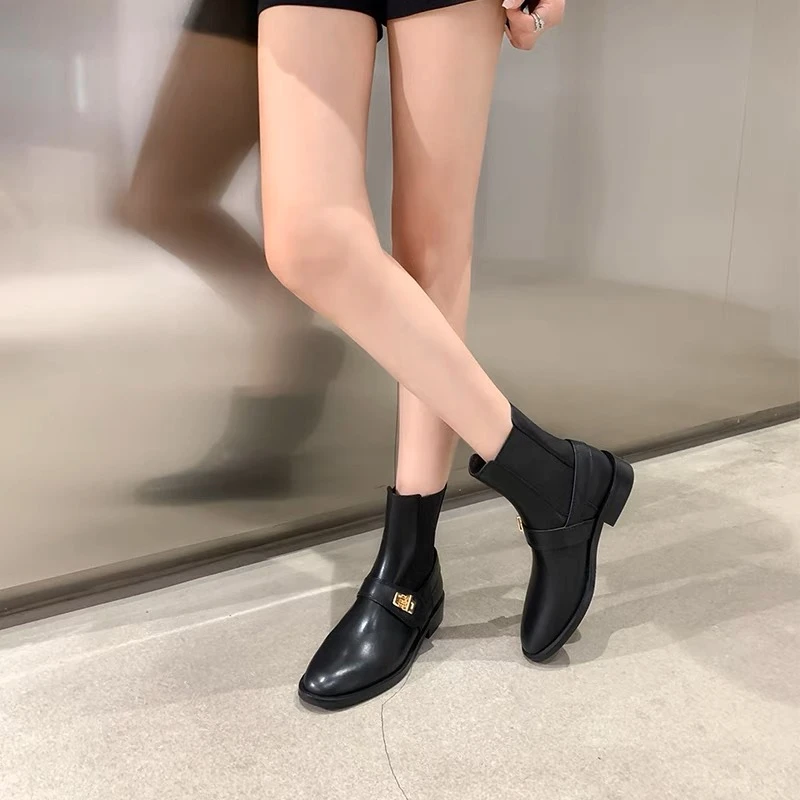 马丁靴女英伦风2025春季新款金锁扣真皮厚底弹力切尔西瘦瘦短靴女