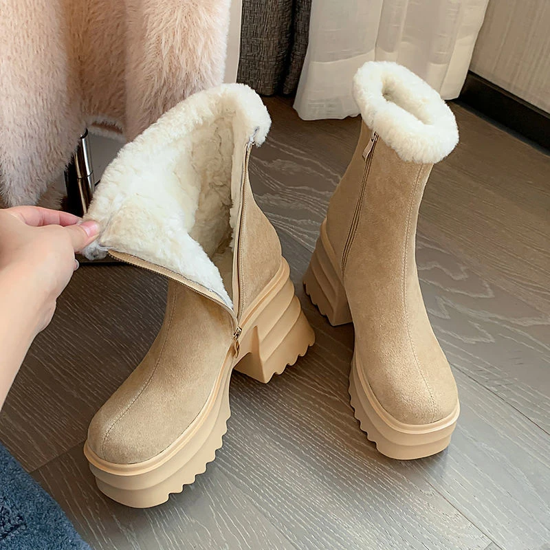 百搭皮毛一体厚底雪地靴女鞋保暖东北大棉鞋冬季超高跟厚毛短靴子