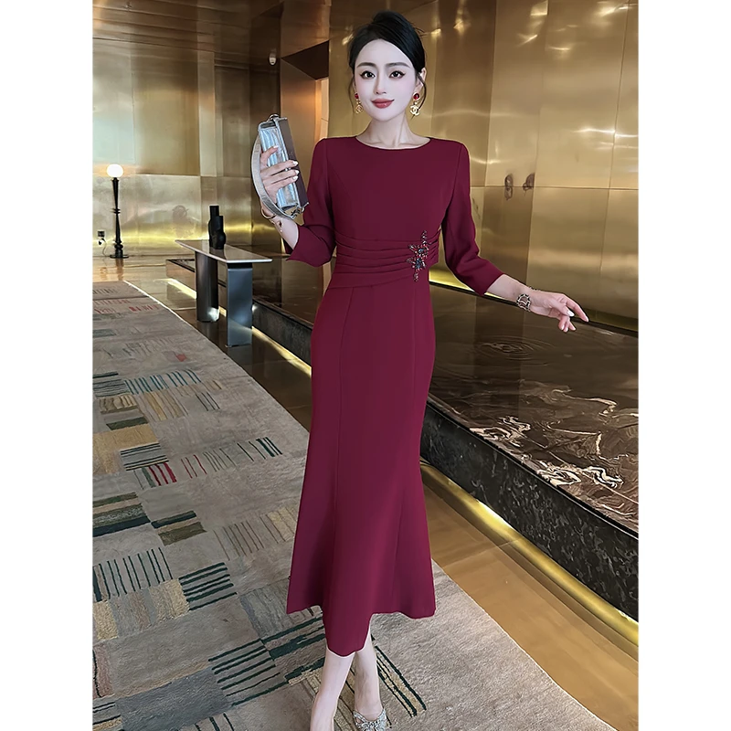 优雅七分袖女装连衣裙参加婚礼宴会中长款修身鱼尾订钻气质连衣裙