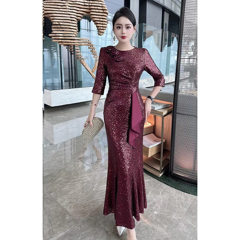 喜婆婆喜妈妈秋冬礼服长裙婚礼优雅高贵气质珠片闪闪鱼尾连衣裙女