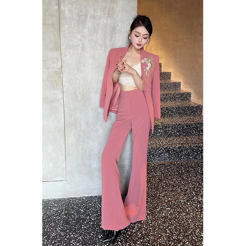 女总裁高端职业装西服套装美业老板刺绣中式西装套装高腰微喇职业