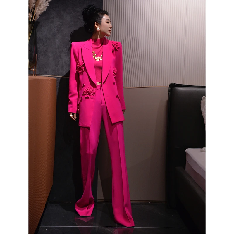 欧美时尚街拍女装潮立体手工订花朵西装针织背心三件套秋冬套装