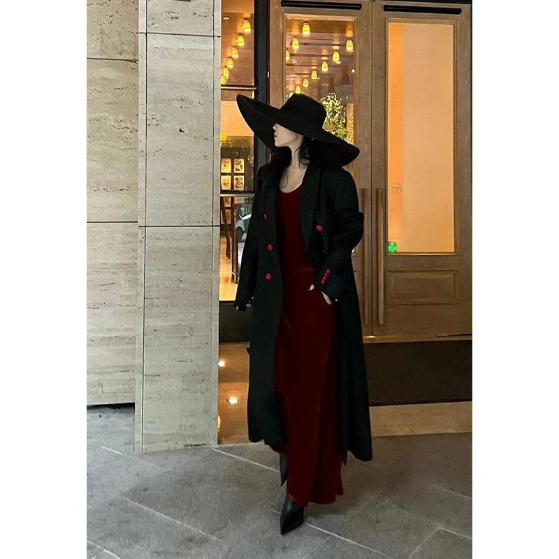 2024秋冬复古法式优雅干练气质西装长款大衣羊毛双排扣风衣外套女