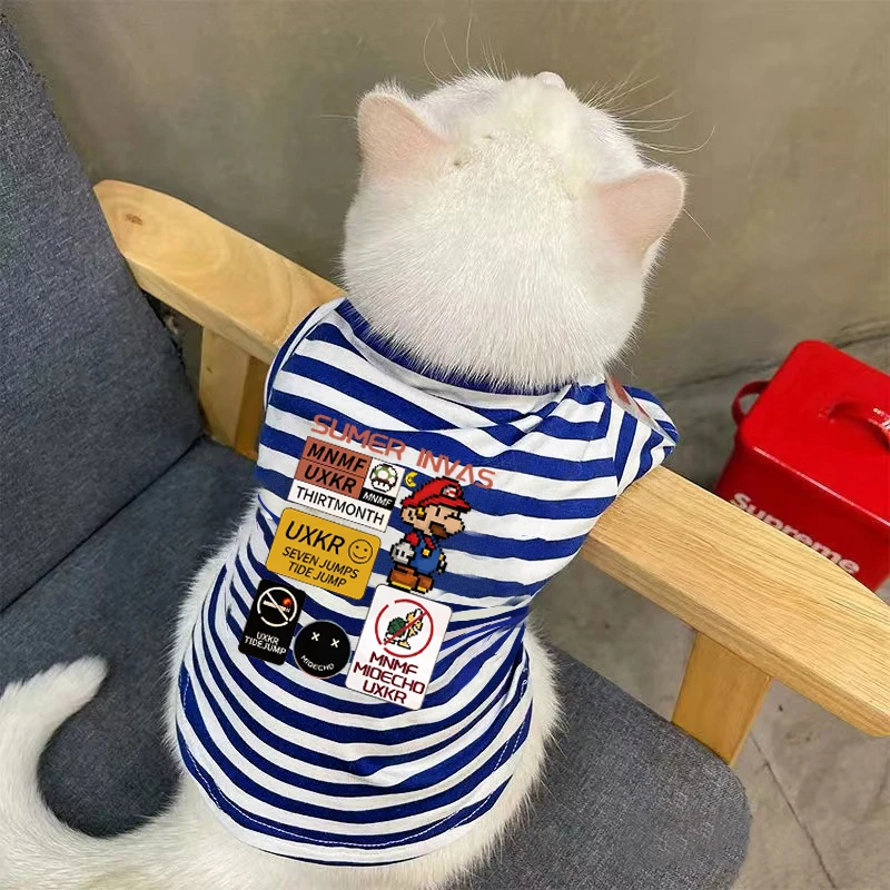 可爱蓝条纹狗狗宠物衣服秋冬法斗泰迪比熊防掉毛猫猫保暖打底衫潮