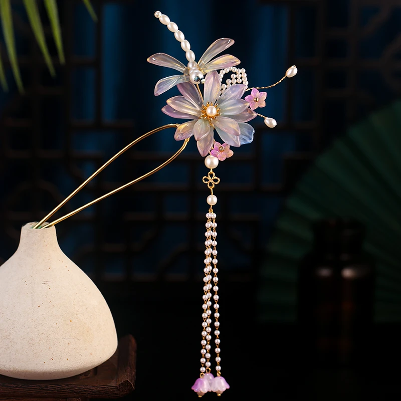 古风超仙粉色珍珠花朵流苏发钗女童发簪汉服发饰头饰2025年新款