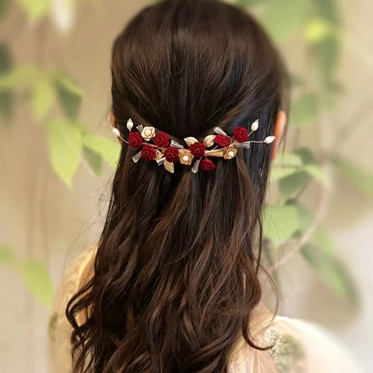 古风发夹侧边复古气质红山茶花盘发软簪丸子头旗袍发饰后脑勺夹子