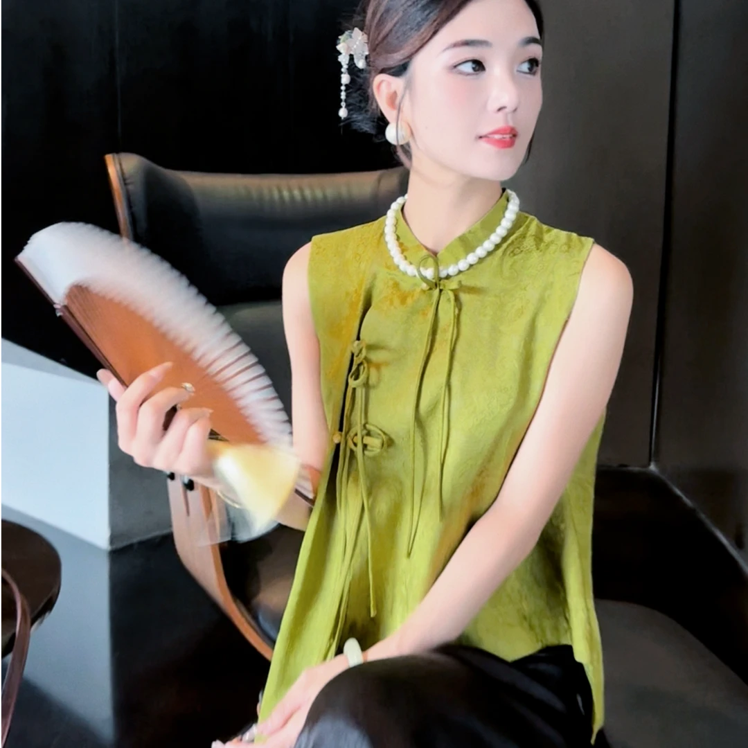 新中式国风夏季复古盘扣立领马甲上衣女高级感气质小衫