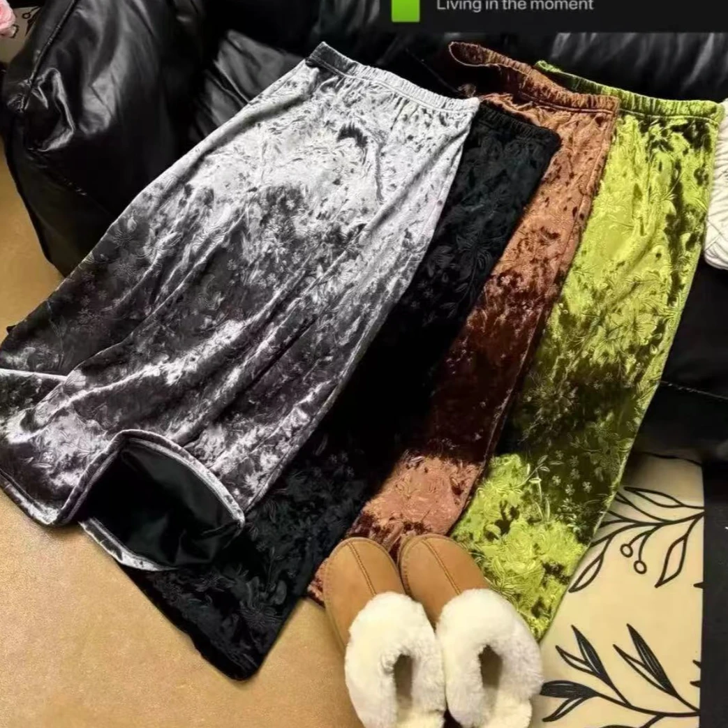 加绒加厚复古百搭丝绒鱼尾半身裙女士 中国风半裙