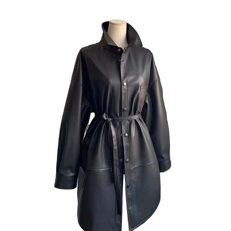 【高端】海宁7002羊皮衬衫款杨幂同款设计感单排扣腰带中长皮衣