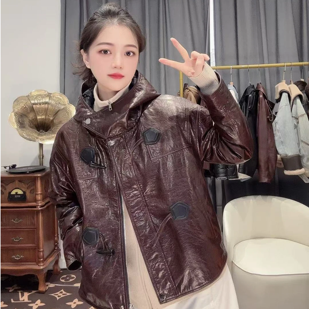 72445牛角扣油蜡牛皮短款时尚休闲女士加绒加厚秋冬真皮连帽