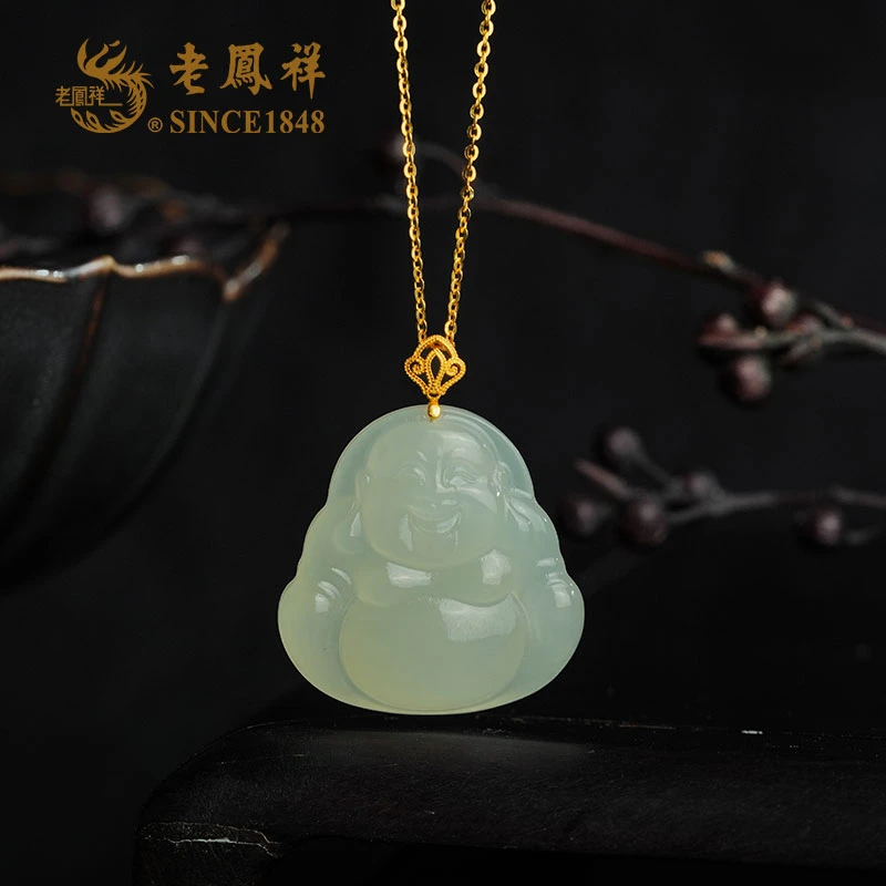 老鳯祥 18k金和田玉吊坠经典大肚佛公挂坠D11582