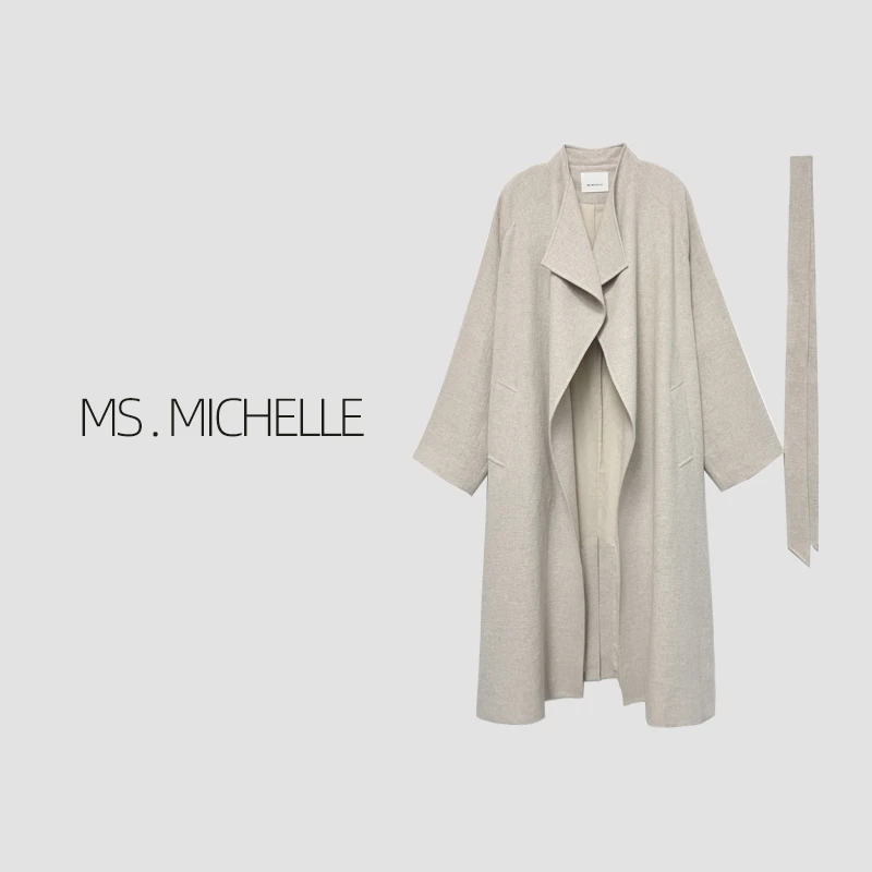 MS.MICHELLE 极简风无扣中长款休闲宽松棉麻风衣外套6094