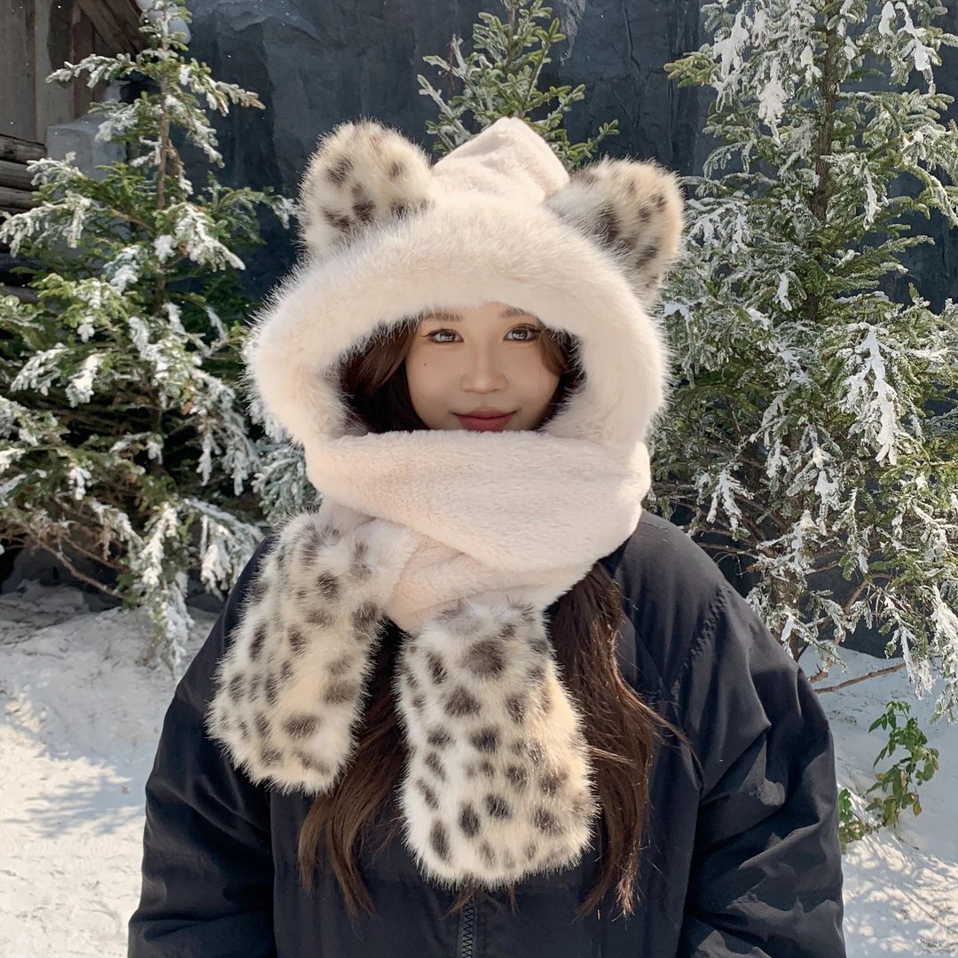 小熊帽子韩版可爱女百搭秋冬季冬天围巾一体保暖手套围脖三件套潮