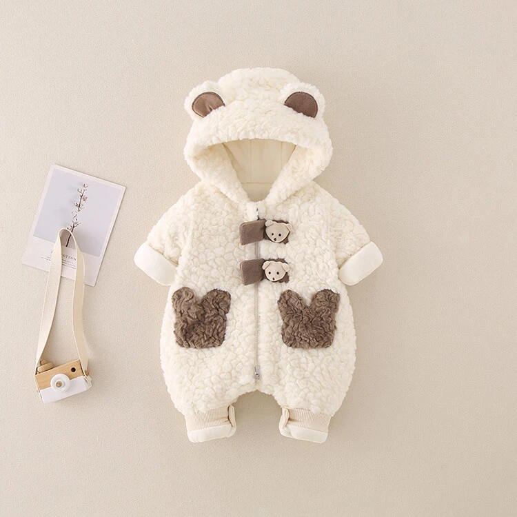 婴儿衣服秋冬装宝宝加绒冬季连体衣棉服超萌毛毛衣外套保暖厚哈衣