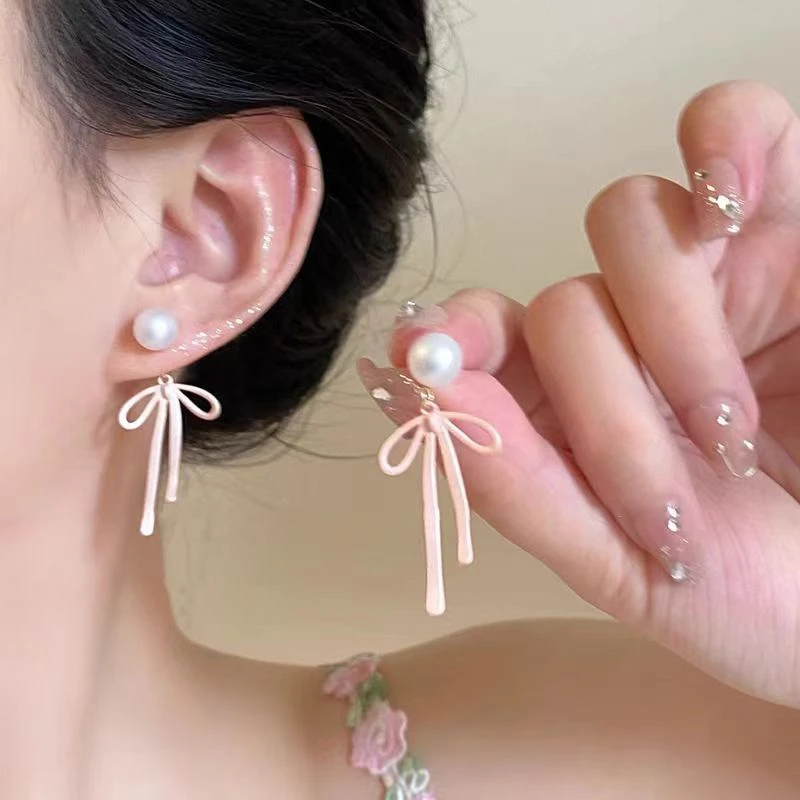粉色法式蝴蝶结两戴式耳钉女生夏天挂式独特耳环轻奢高级耳饰