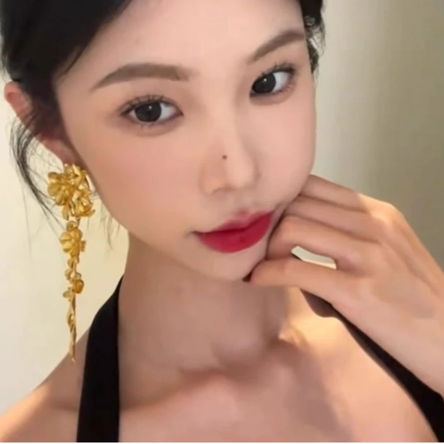 合金耳饰 欧美金色花朵流苏耳环夸张复古高级气质耳坠轻奢耳钉