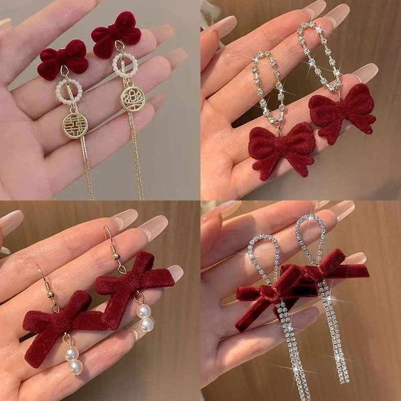 喜乐红丝绒蝴蝶结耳环长款流苏中式新娘耳钉复古高级感过年耳饰女
