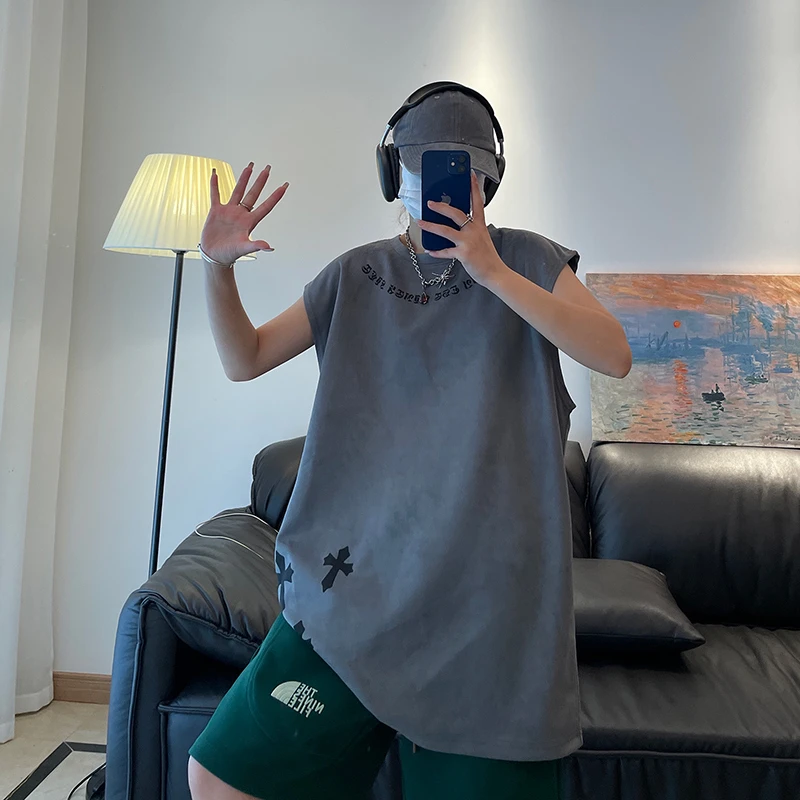 背心休闲夏季宽松潮流港风ins无袖大码美式运动百搭外穿印花圆领