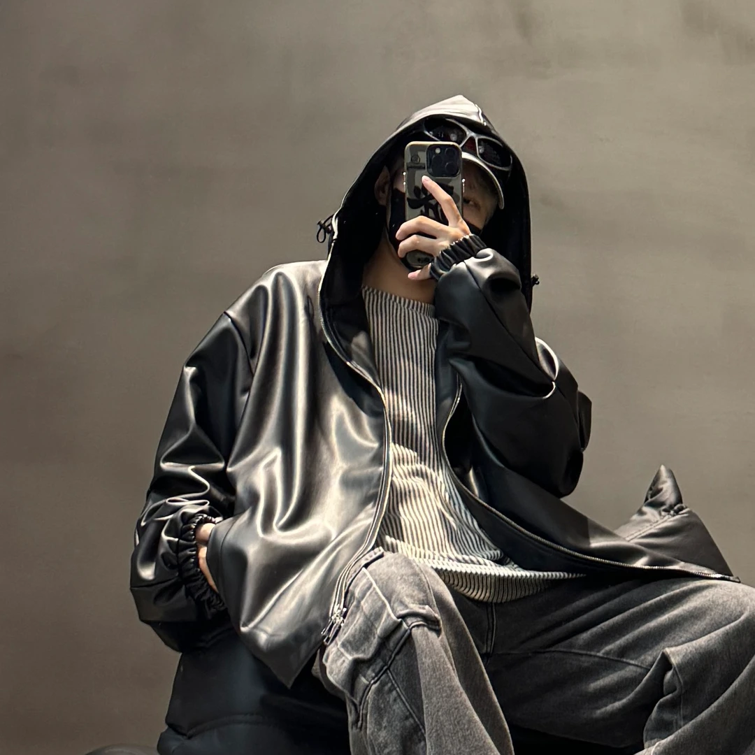 春秋装美式休闲百搭连帽皮衣男痞帅设计感连帽炸街假夹克简约外套