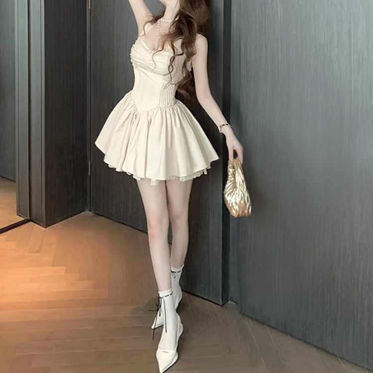 月岛弥生 杏粉色公主鱼骨蓬蓬裙高定生日礼裙仙女连衣裙