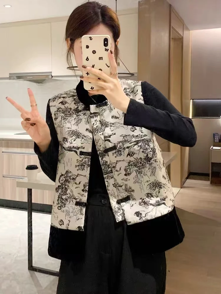 时尚轻国风盘扣水墨画唐装春秋新款无袖立领新中式马甲