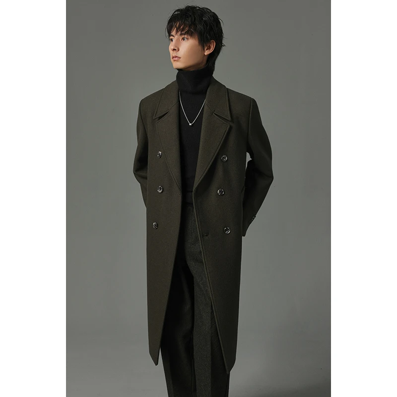 秋冬新款羊毛大衣男士休闲开叉垫肩宽松过膝长款设计感时尚百搭16