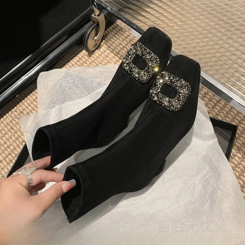 方头法式复黑色2024短靴粗中跟弹力瘦瘦靴长靴女水钻秋冬