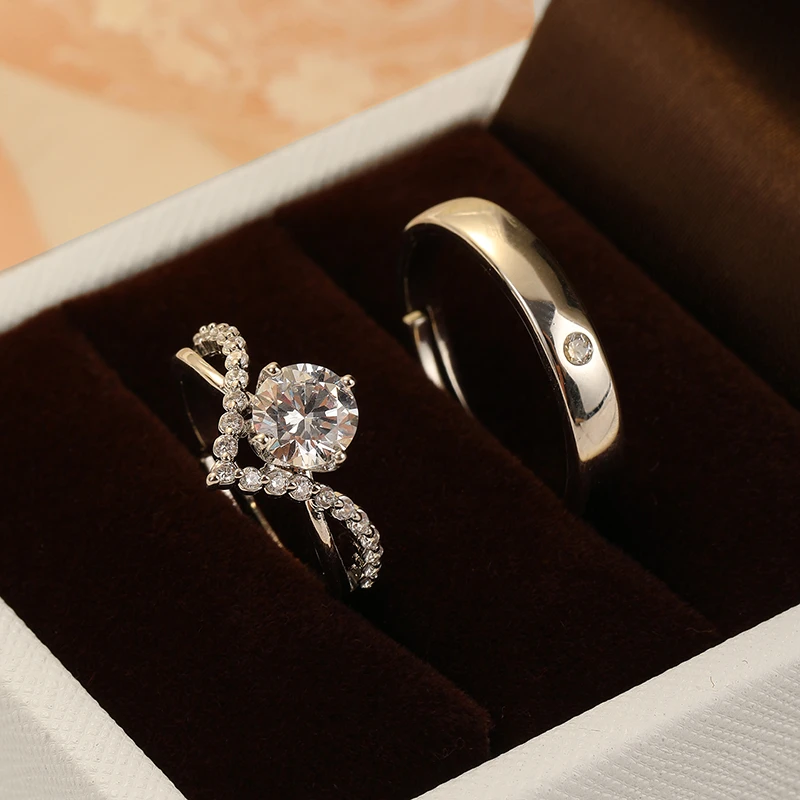 铜合金合成锆石婚庆饰品 一克拉钻戒仿真情侣对戒结婚戒指婚礼仪