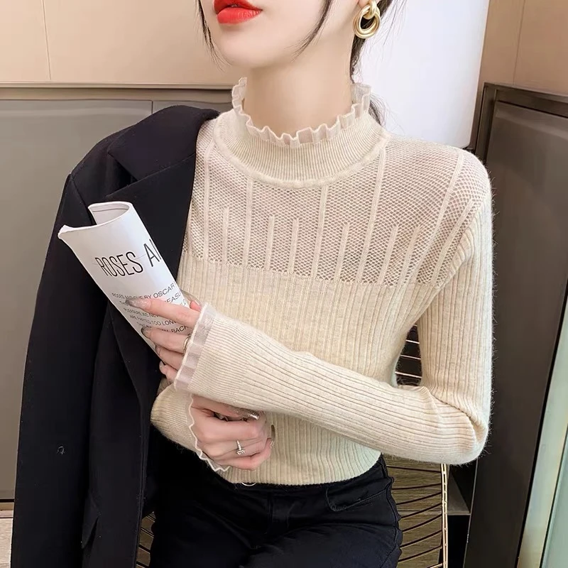 半高领蕾丝内搭女秋冬新款修身显瘦针织打底衫长袖针织上衣A4222