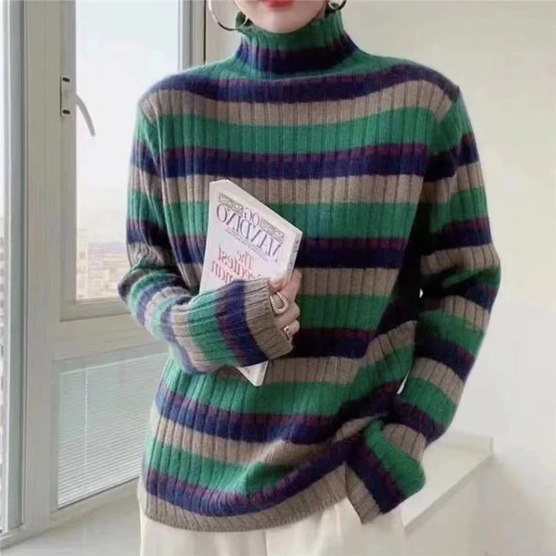 运费补贴!彩虹条纹软糯针织打底衫女时尚百搭显瘦半高领毛衣A120