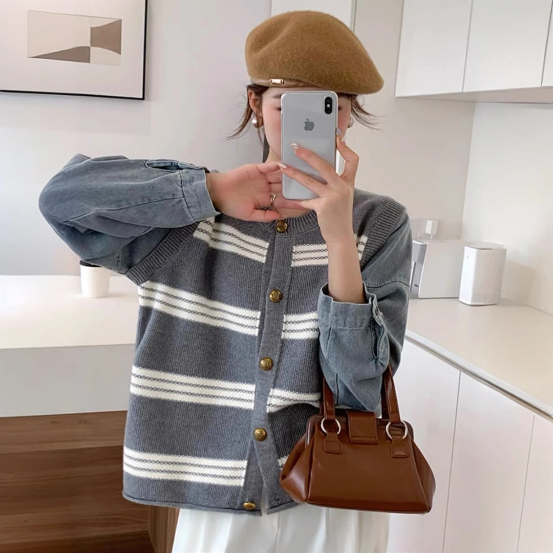 设计感小众假两件毛衣外套上衣时尚洋气牛仔袖针织开衫A387