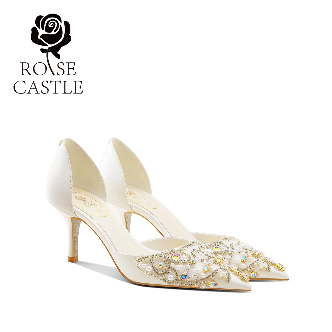 时尚轻奢新娘鞋气质白色浅口高跟鞋  防掉跟水钻主纱高跟网纱婚鞋