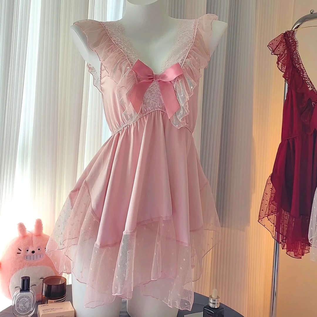 【Lntano】125斤可穿睡衣女甜美蕾丝波点吊带睡裙露背家居服2772