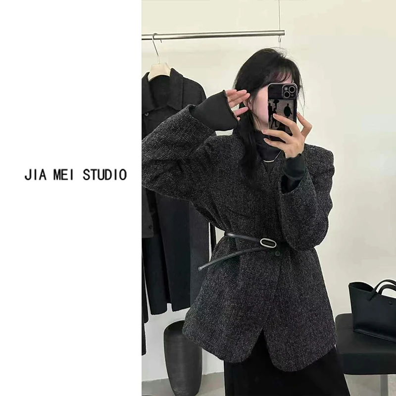 M018自留推荐高级感灰色气质收腰羽绒服羊毛外套加厚鹅绒西装上衣